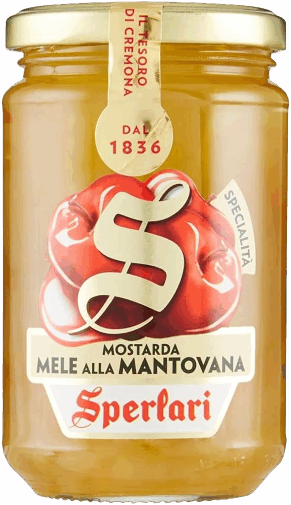 Mostarda Mele alla Mantovana Sperlari In cerca di nuovi sapori e abbinamenti? Prova la nostra Mostarda specialità Mele alla Mantovana di sole fettine di mele. Ideale da utilizzare come ingrediente, fra l’altro, nei tortelli di zucca. In un pratico vasetto di vetro richiudibile da 380 grammi.