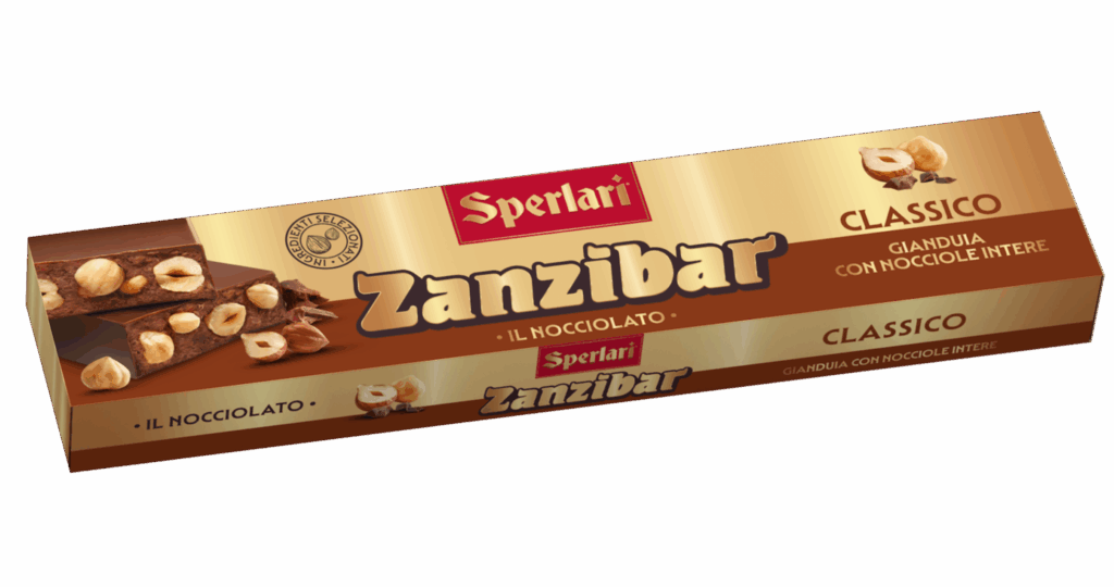 Il nocciolato Zanzibar unisce il gusto avvolgente del cioccolato gianduia o fondente alla croccantezza delle nocciole intere e della frutta secca.