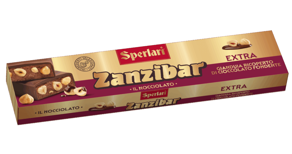 Il nocciolato Zanzibar unisce il gusto avvolgente del cioccolato gianduia o fondente alla croccantezza delle nocciole intere e della frutta secca.