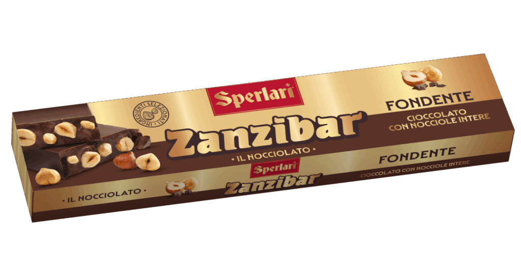 Il nocciolato Zanzibar unisce il gusto avvolgente del cioccolato gianduia o fondente alla croccantezza delle nocciole intere e della frutta secca.